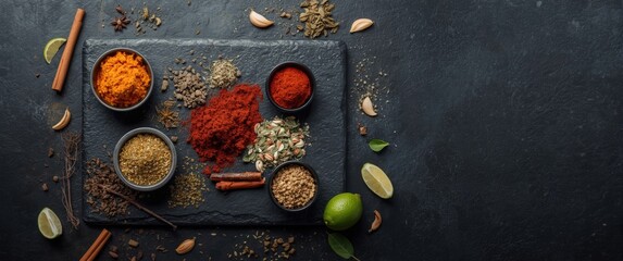 Different herbs and spices displayed on a dark backdrop