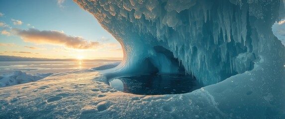 Enchanting winter landscape featuring a sunset and ice blue cave on frozen Lake Baikal