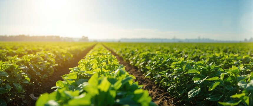Green soybeans thriving on a sunny day in the agricultural field