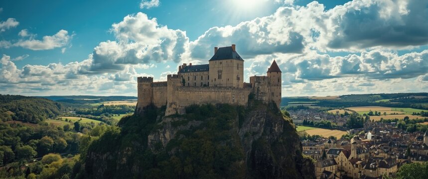 Landscape view of Beynac Castle city, France, showcasing old architecture and tourism