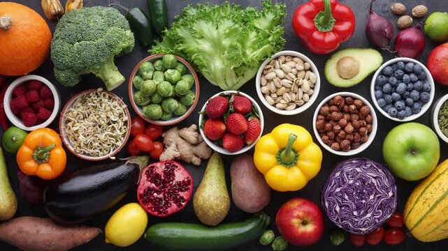 Healthy eating ingredients: fresh vegetables, fruits and superfood. Nutrition, diet, vegan food concept.
