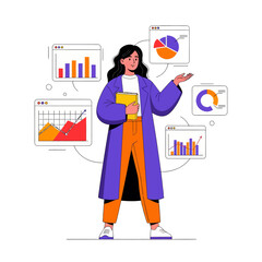 Professional Female Analyst Presenting Business Data Insights with Bar Charts and Pie Graphs, Vector Illustration of Businesswoman Holding Notebook for Financial Growth and Research Concept.