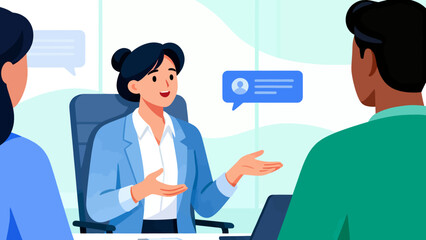 A woman is talking to two men in a meeting. The woman is smiling and the men are looking at her. The meeting is taking place in a room with a desk and a laptop