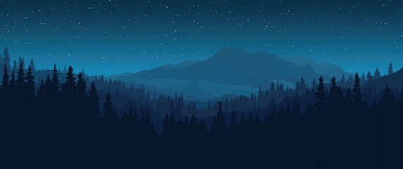 Flat illustration of Mountains and Forest at night, showcasing nature scenery with silhouettes of trees and hill peaks, ideal for cartoon background and website UI design.
