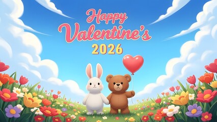 Fototapeta premium Happy valentine's day 2024 illustration with cute rabbit and teddy bear in a field of flowers