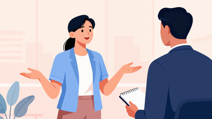 Fototapeta premium A woman and a man are having a conversation. The woman is smiling and the man is holding a notebook. The scene is set in an office or a meeting room. Scene is positive and professional
