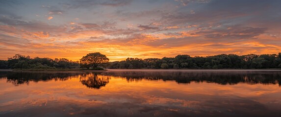 Obraz premium Lake mirrored at sunset