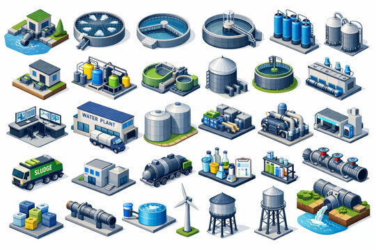 Isometric Water Treatment Plant Vector Icon Set