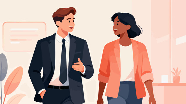 A man and a woman are standing in a room. The man is wearing a suit and tie, and the woman is wearing a business suit. They are both smiling and seem to be having a pleasant conversation