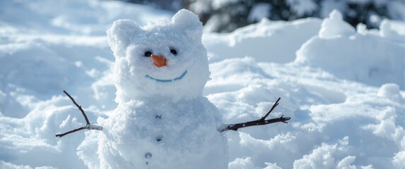 Winter scene featuring a snowman shaped like an animal with snowdrifts in the background