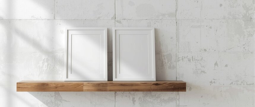Mockup of three white photo frames on shelf with white concrete wall backdrop
