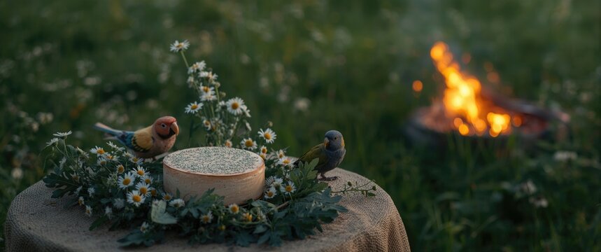 During Latvia's vibrant Midsummer festival on June 23, people celebrate with Round Cheese decorated with caraway seeds, oak leaves, a parrot, and chamomile, honoring Latvian traditions