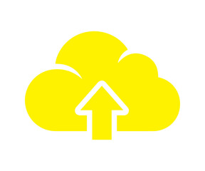 Bright yellow cloud upload icon with an upward arrow for data transfer applications isolated on a transparent background.