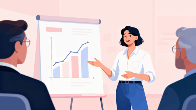A woman is giving a presentation in front of a white board with graphs and charts. She is smiling and she is confident. The man and woman are sitting in chairs behind her