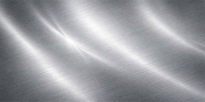 A polished silver stainless steel plate featuring a smooth brushed metal texture and shiny industrial aluminum surface with a gray metallic pattern reflecting light