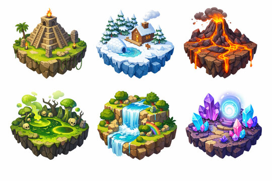 Isometric 3D Fantasy Islands Vector Set for Game UI and Cartoon Landscapes