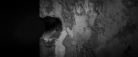 Monochrome image of a weathered and decayed concrete structure