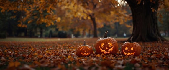 Halloween-themed pumpkins in a park setting with autumn leaves