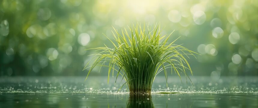 Freshly planted rice trees come into contact with morning dew water