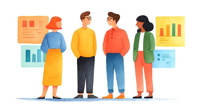 Diverse Business Team Illustration Discussing Analytics with Colorful Charts - Powered by Adobe