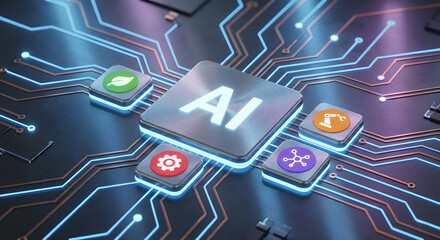 AI technology chip with glowing circuits and digital icons on futuristic blue background