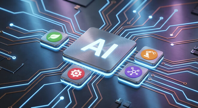 AI technology chip with glowing circuits and digital icons on futuristic blue background - Powered by Adobe