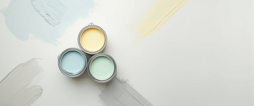 Repare concept with background of three paint cans in different colors, flat lay, top view, copy space