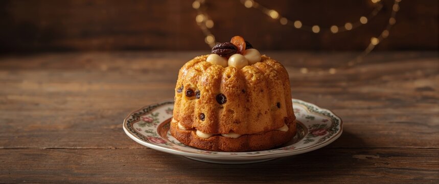 Traditional Italian Panettone with ricotta pudding, garnished with glazed fruits and raisins, presented on a classic plate (close-up)