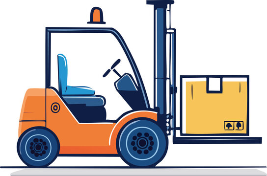 Flat Vector Illustration of Modern Forklift Lifting Box for Logistics and Warehouse Management.