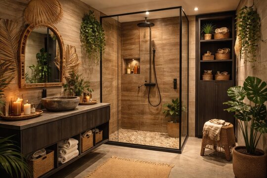 Boho themed bath space with rain shower walk in cabin, dark integrated storage and natural wood tile accents