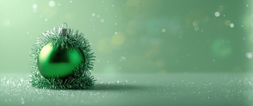 Isolated green ball with tinsel against green backdrop