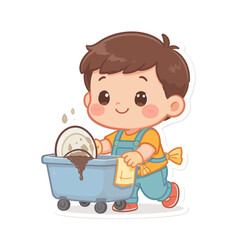 Adorable cartoon boy diligently washing dishes, cheerfully assisting with household chores, a delightful vector illustration showcasing a happy child learning responsibility and hygiene at home