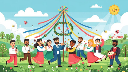 People dancing around a maypole with colorful ribbons celebrating spring and summer traditions with music and flowers flat vector illustration for festivals