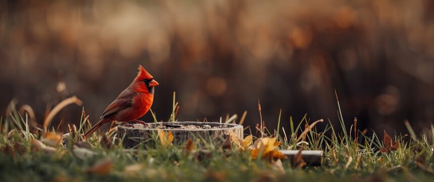 A red cardinal bird sitting on a bird feeder during fall