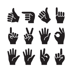 Obraz premium Hand gestures set showing various signals like thumbs up pointing victory ok sign and open palm counting fingers for communication concept isolated on transparent background vector illustration