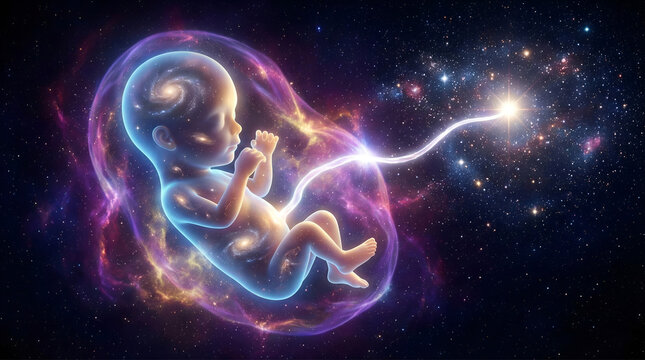 Cosmic Genesis: Glowing Human Embryo Developing Inside a Stardust Nebula Womb