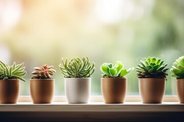 Obraz premium Succulent plants in pots receiving sunlight indoors providing natural home decor