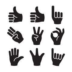Obraz premium Hand signs icons collection featuring thumbs up rock on counting three victory and okay gestures for nonverbal communication concept isolated on transparent background vector illustration set design