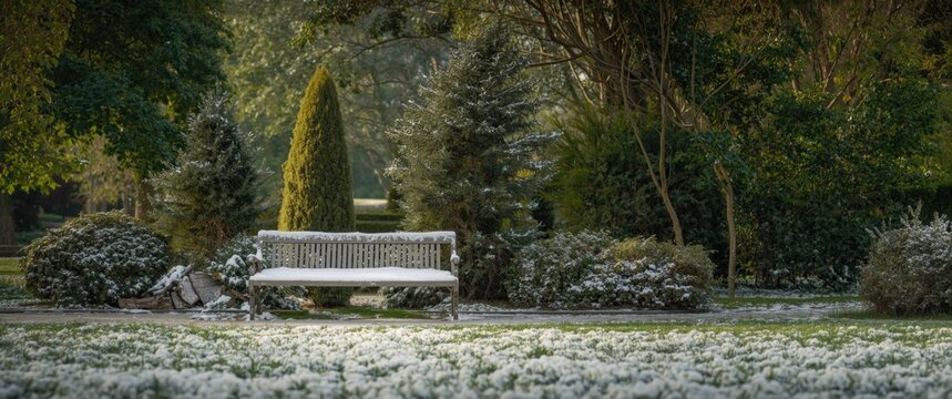 Snowy bench in a winter park featuring thuya trees