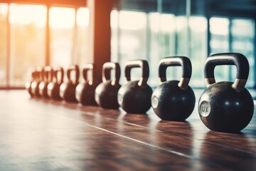 Kettlebells lined up on a wooden gym floor, ready for a strength training session