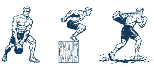 Vintage Fitness Engraving: Strong men doing kettlebell lift, box jump, and running with sandbag. Cross training vector illustration set.