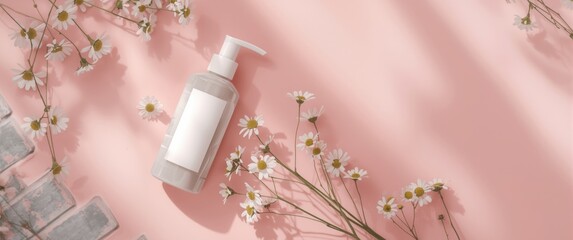Plastic bottle containing cream moisturizer or facial cleanser with chamomilla flowers and gray bricks on pink backdrop