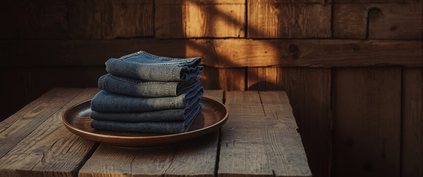 A pair of jeans on a wooden plate