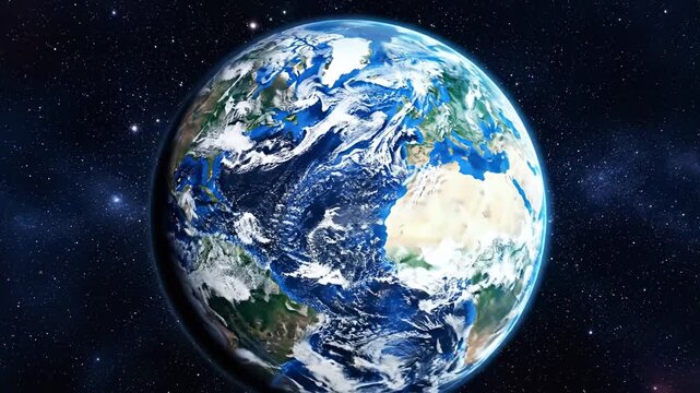 Slow zoom towards planet Earth in space.