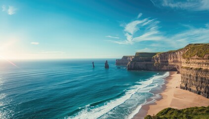 Cliffs near a bay along the Irish shoreline with water and sky, sandy beach, summer scene, natural landscape, coastal erosion concern