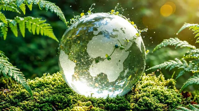 Crystal glass globe rests on green moss in forest. Globe shows earth map with water splash. Fern leaves surround glass globe. Sunlight illuminates green nature. Earth globe on moss symbolizes ecology.