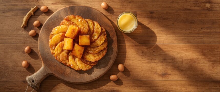 Easter Spanish Torrijas displayed on a wooden board with ample space, top view