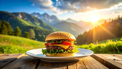 Gourmet Burger on a Plate in a Scenic Mountain Setting.