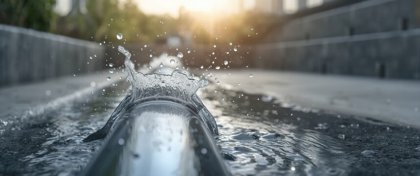 Burst water main exposing water pipe and spraying water
