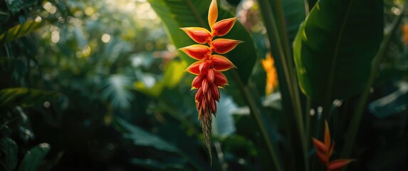 Obraz premium Known as Heliconia rostrata, hanging lobster claw, or false bird of paradise, this flower attracts numerous birds, particularly hummingbirds.